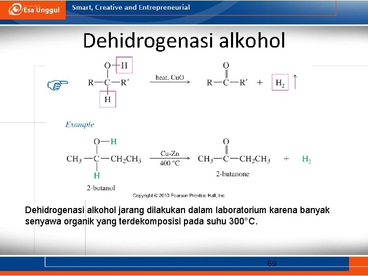 Dehidrogenasi alkohol jarang dilakukan dalam laboratorium karena banyak senyawa organik yang terdekomposisi pada suhu