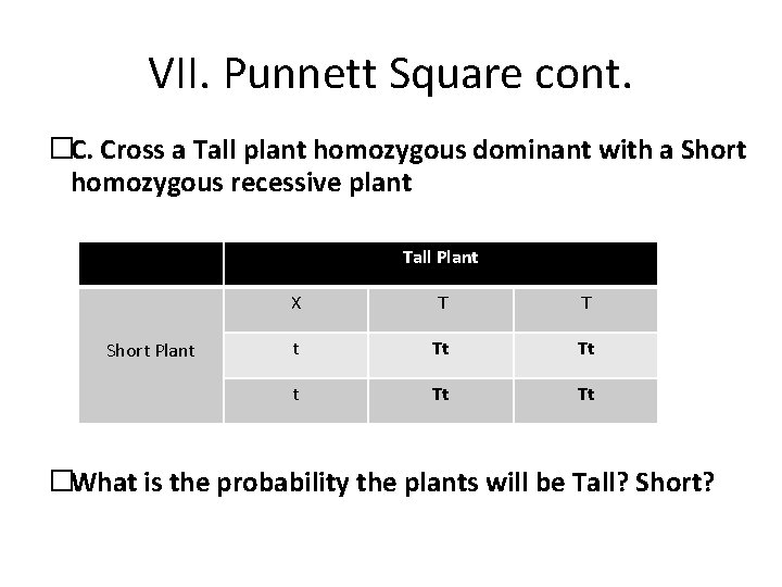 VII. Punnett Square cont. �C. Cross a Tall plant homozygous dominant with a Short