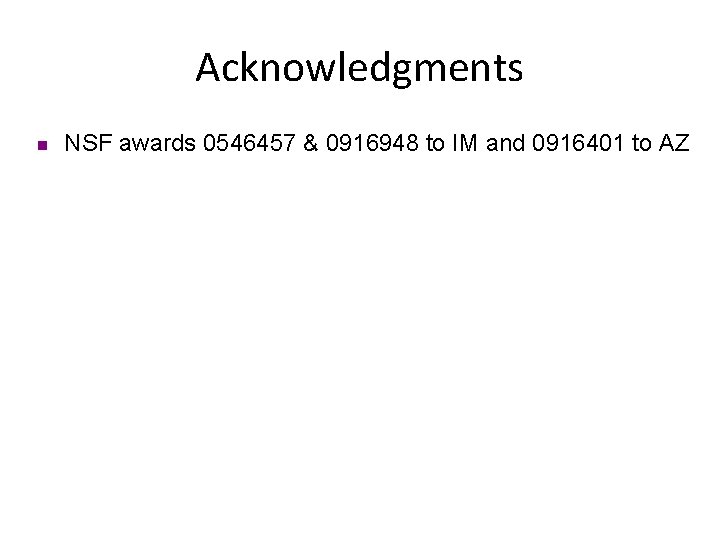 Acknowledgments n NSF awards 0546457 & 0916948 to IM and 0916401 to AZ 