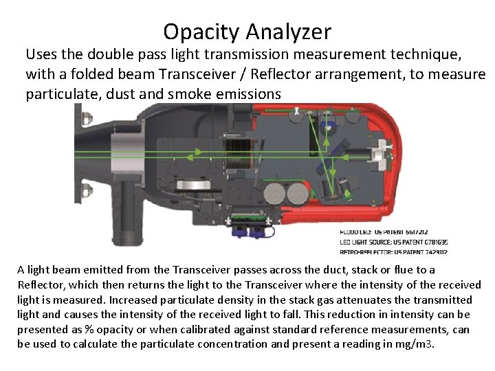 Opacity Analyzer Uses the double pass light transmission measurement technique, with a folded beam Opacity Analyzer Uses the double pass light transmission measurement technique, with a folded beam