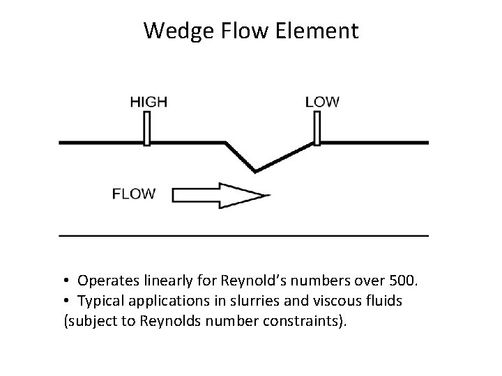 Wedge Flow Element • Operates linearly for Reynold’s numbers over 500. • Typical applications Wedge Flow Element • Operates linearly for Reynold’s numbers over 500. • Typical applications