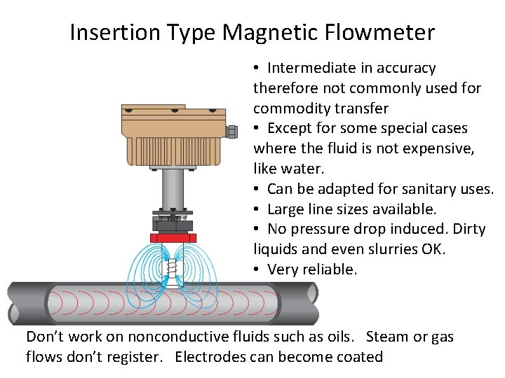 Insertion Type Magnetic Flowmeter • Intermediate in accuracy therefore not commonly used for commodity Insertion Type Magnetic Flowmeter • Intermediate in accuracy therefore not commonly used for commodity