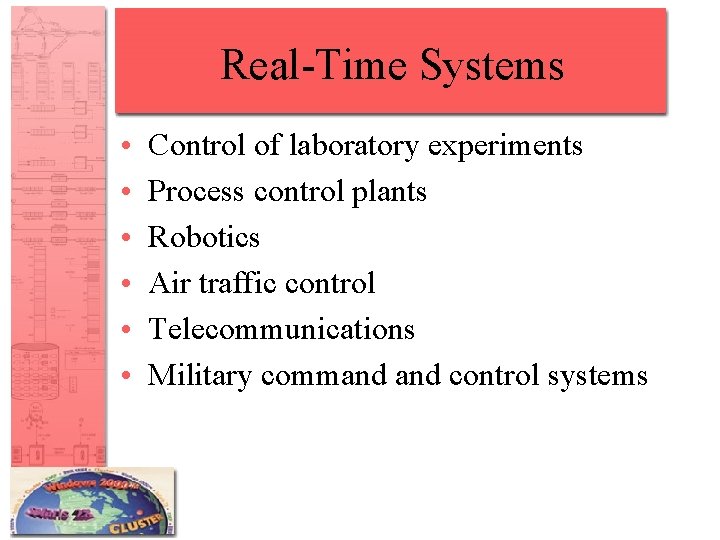 Real-Time Systems • • • Control of laboratory experiments Process control plants Robotics Air