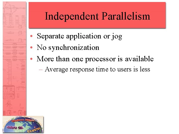 Independent Parallelism • Separate application or jog • No synchronization • More than one