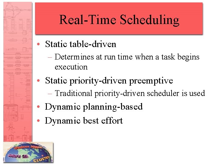 Real-Time Scheduling • Static table-driven – Determines at run time when a task begins