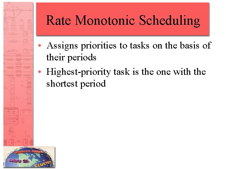 Rate Monotonic Scheduling • Assigns priorities to tasks on the basis of their periods