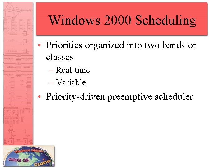 Windows 2000 Scheduling • Priorities organized into two bands or classes – Real-time –