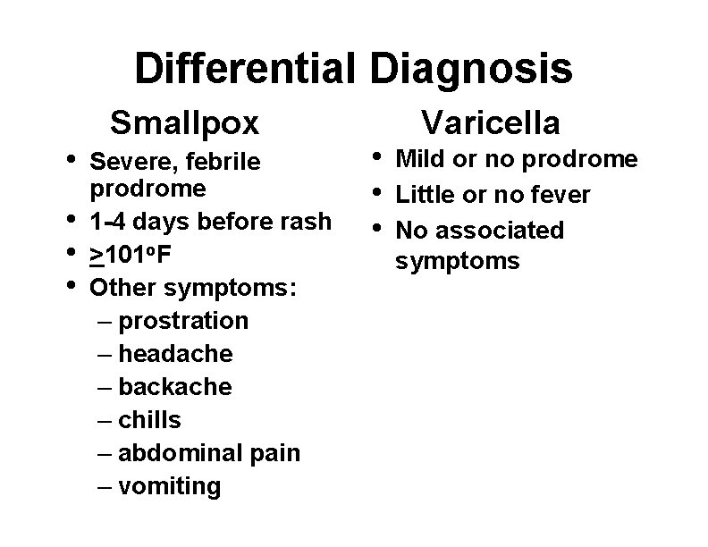 Differential Diagnosis • • Smallpox Severe, febrile prodrome 1 -4 days before rash >101