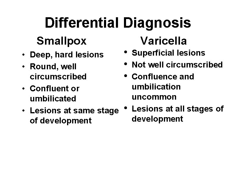 Differential Diagnosis Smallpox • Deep, hard lesions • Round, well circumscribed • Confluent or