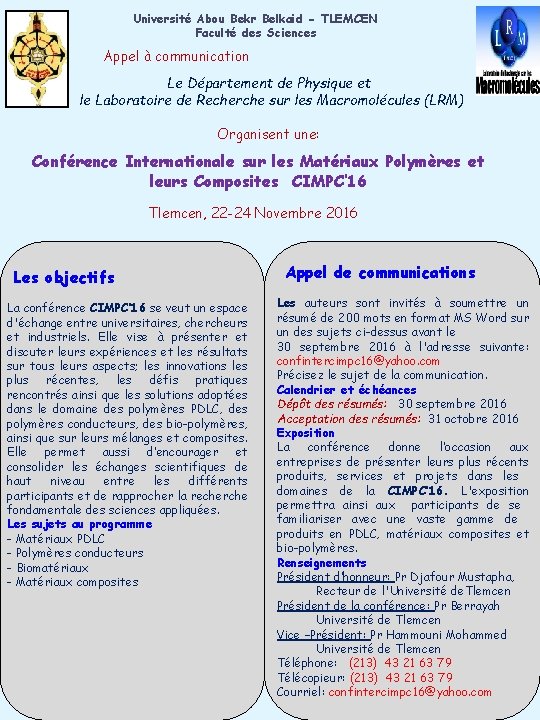 Université Abou Bekr Belkaid - TLEMCEN Faculté des Sciences Appel à communication Le Département