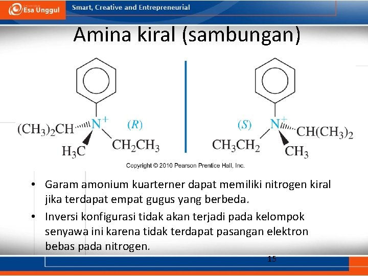 Amina kiral (sambungan) • Garam amonium kuarterner dapat memiliki nitrogen kiral jika terdapat empat