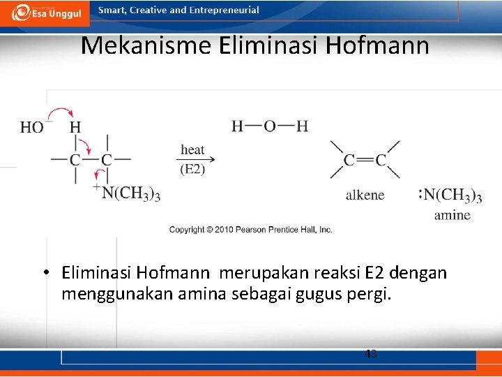 Mekanisme Eliminasi Hofmann • Eliminasi Hofmann merupakan reaksi E 2 dengan menggunakan amina sebagai