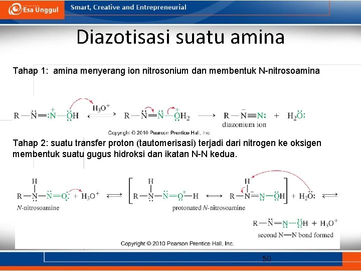 Diazotisasi suatu amina Tahap 1: amina menyerang ion nitrosonium dan membentuk N-nitrosoamina Tahap 2: