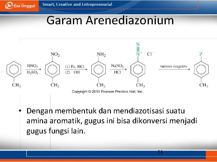 Garam Arenediazonium • Dengan membentuk dan mendiazotisasi suatu amina aromatik, gugus ini bisa dikonversi