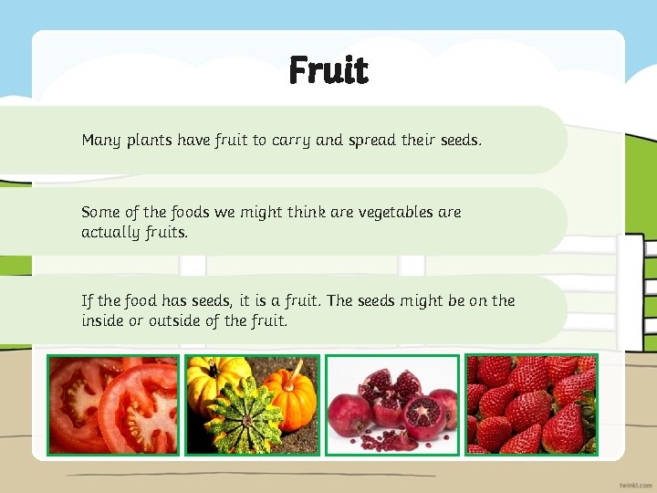 Fruit Many plants have fruit to carry and spread their seeds. Some of the