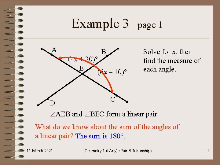 Example 3 A B (4 x + 30)° E (6 x – 10)° page