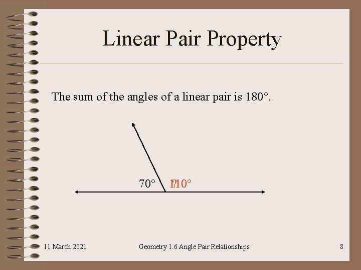 Linear Pair Property The sum of the angles of a linear pair is 180°.