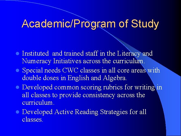 Academic/Program of Study Instituted and trained staff in the Literacy and Numeracy Initiatives across