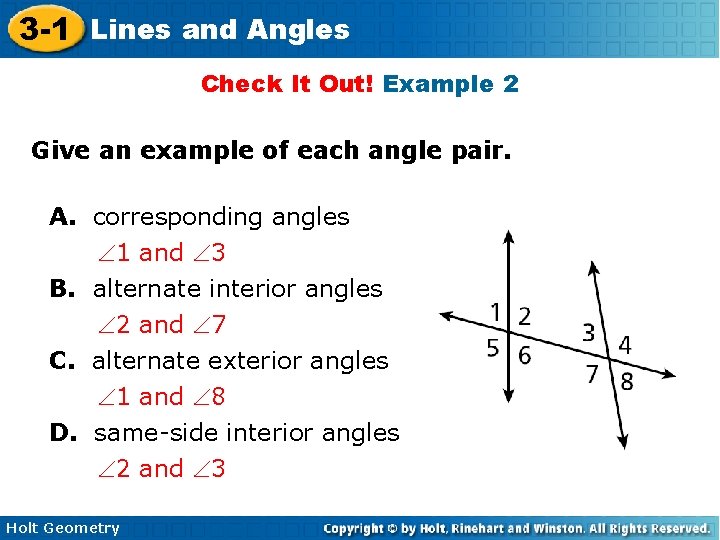 3 -1 Lines and Angles Check It Out! Example 2 Give an example of
