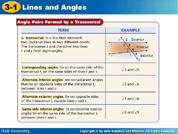 3 -1 Lines and Angles Holt Geometry 