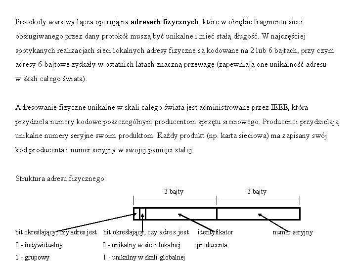 Protokoły warstwy łącza operują na adresach fizycznych, które w obrębie fragmentu sieci obsługiwanego przez