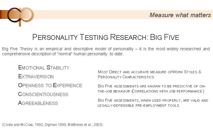 Measure what matters PERSONALITY TESTING RESEARCH: BIG FIVE Big Five Theory is an empirical