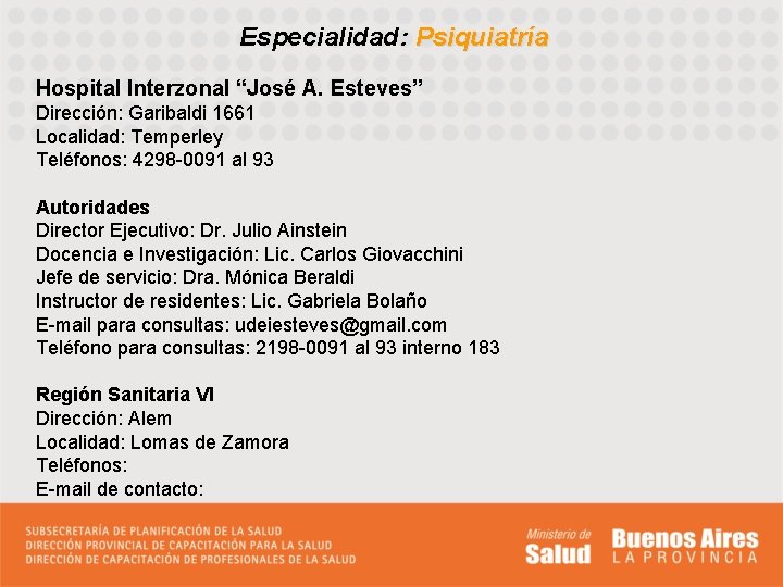 Especialidad: Psiquiatría Hospital Interzonal “José A. Esteves” Dirección: Garibaldi 1661 Localidad: Temperley Teléfonos: 4298