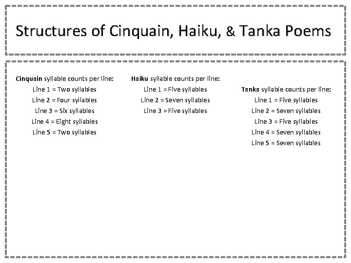 Structures of Cinquain, Haiku, & Tanka Poems Cinquain syllable counts per line: Line 1