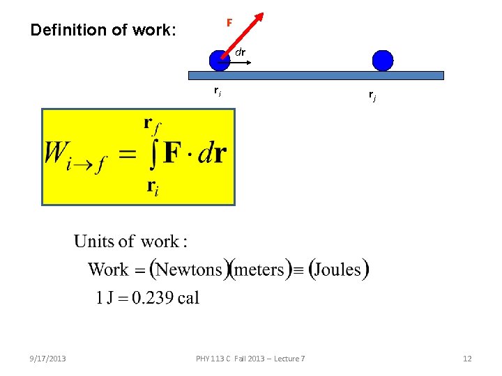 F Definition of work: dr ri 9/17/2013 PHY 113 C Fall 2013 -- Lecture