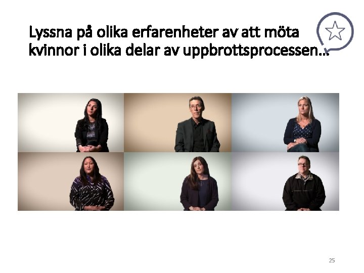 Lyssna på olika erfarenheter av att möta kvinnor i olika delar av uppbrottsprocessen… 25