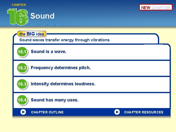 CHAPTER NEW CHAPTER Sound the BIG idea Sound waves transfer energy through vibrations. 16.