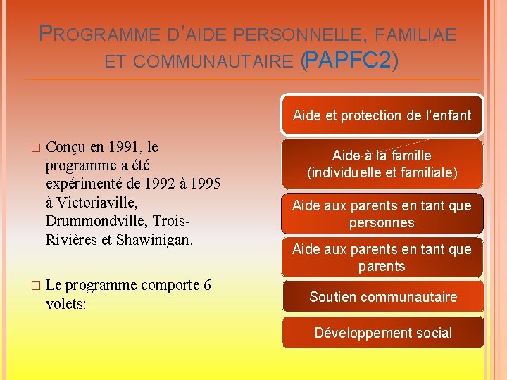 PROGRAMME D’AIDE PERSONNELLE, FAMILIALE ET COMMUNAUTAIRE (PAPFC 2) Aide et protection de l’enfant �