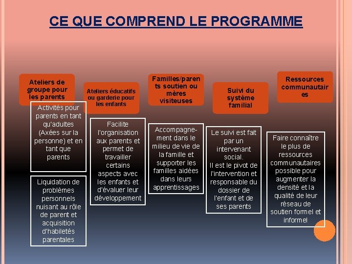 CE QUE COMPREND LE PROGRAMME Ateliers de groupe pour les parents Activités pour parents