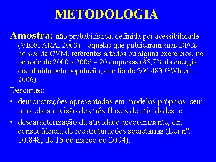 METODOLOGIA Amostra: não probabilística, definida por acessibilidade (VERGARA, 2003) – aquelas que publicaram suas