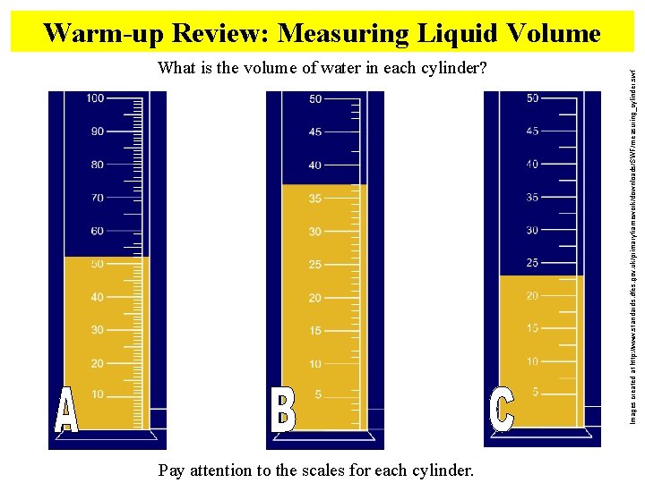 What is the volume of water in each cylinder? Pay attention to the scales