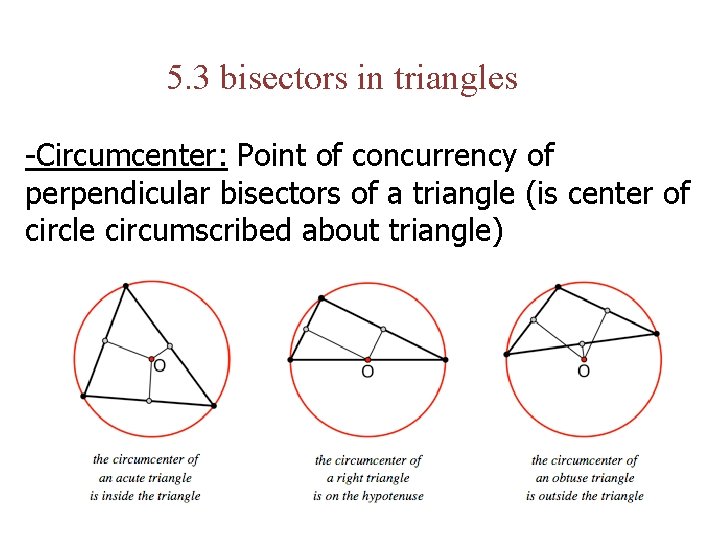 5. 3 bisectors in triangles -Circumcenter: Point of concurrency of perpendicular bisectors of a