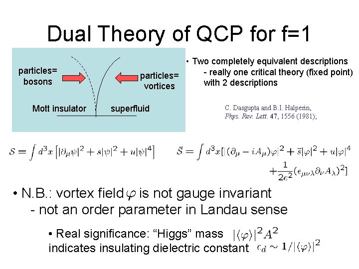 Dual Theory of QCP for f=1 particles= bosons Mott insulator • Two completely equivalent
