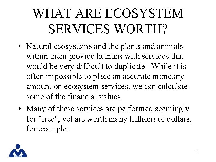 WHAT ARE ECOSYSTEM SERVICES WORTH? • Natural ecosystems and the plants and animals within