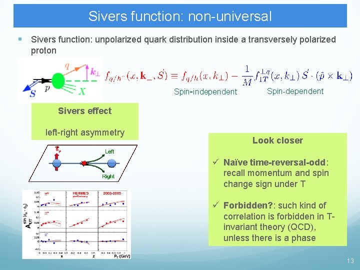 Sivers function: non-universal § Sivers function: unpolarized quark distribution inside a transversely polarized proton Sivers function: non-universal § Sivers function: unpolarized quark distribution inside a transversely polarized proton