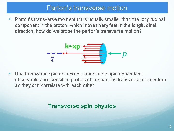 Parton’s transverse motion § Parton’s transverse momentum is usually smaller than the longitudinal component Parton’s transverse motion § Parton’s transverse momentum is usually smaller than the longitudinal component