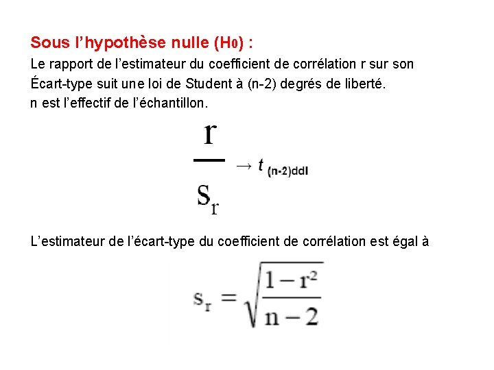 Sous l’hypothèse nulle (H 0) : Le rapport de l’estimateur du coefficient de corrélation