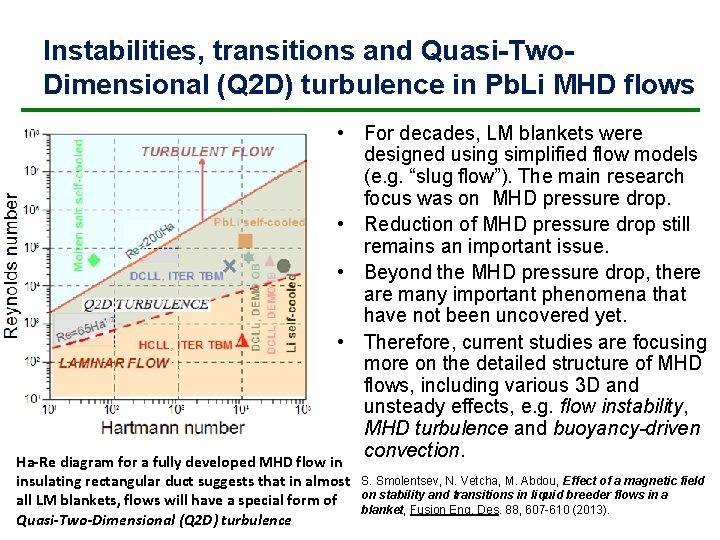 Instabilities, transitions and Quasi-Two. Dimensional (Q 2 D) turbulence in Pb. Li MHD flows Instabilities, transitions and Quasi-Two. Dimensional (Q 2 D) turbulence in Pb. Li MHD flows