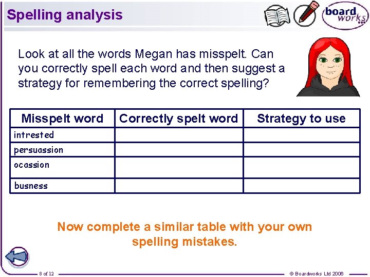 Spelling analysis Look at all the words Megan has misspelt. Can you correctly spell