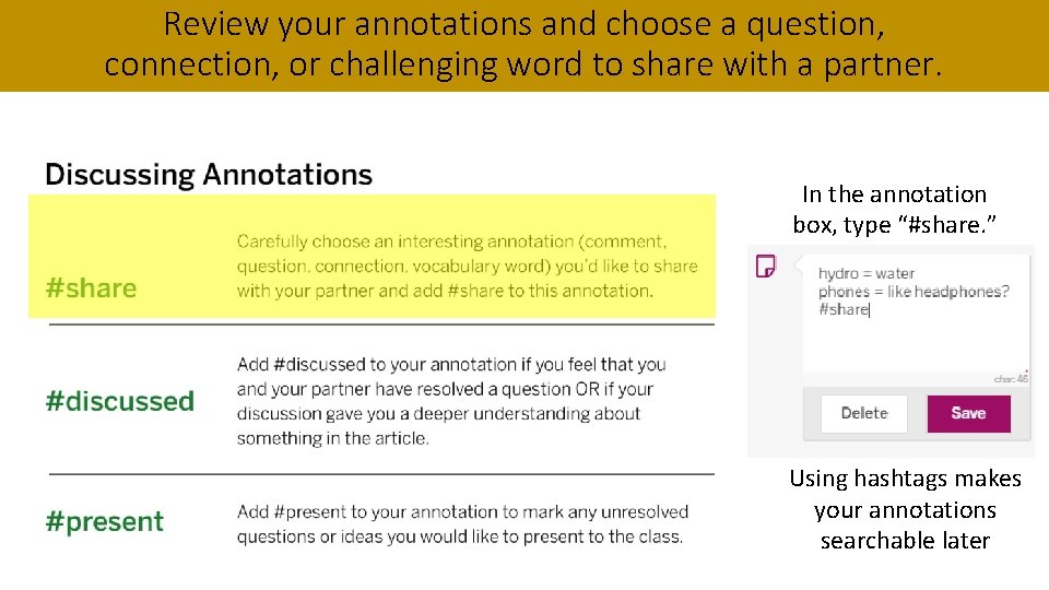 Review your annotations and choose a question, connection, or challenging word to share with