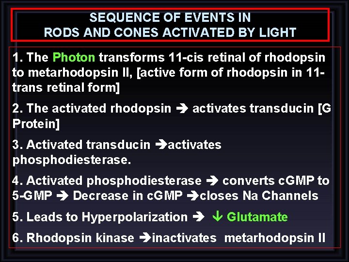 SEQUENCE OF EVENTS IN RODS AND CONES ACTIVATED BY LIGHT 1. The Photon transforms SEQUENCE OF EVENTS IN RODS AND CONES ACTIVATED BY LIGHT 1. The Photon transforms