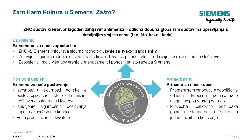 Zero Harm Kultura u Siemens: Zašto? ZHC sustav kreiran/prilagođen zahtjevima Simensa – odlična dopuna