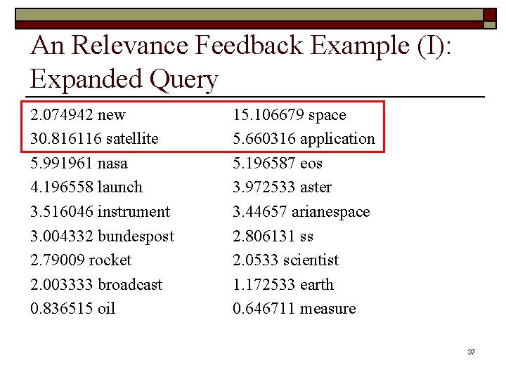 An Relevance Feedback Example (I): Expanded Query 2. 074942 new 30. 816116 satellite 5.