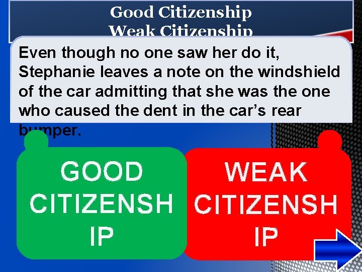 Good Citizenship Weak Citizenship Even though no one saw her do it, Stephanie leaves