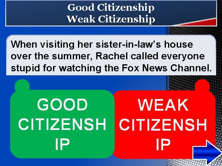 Good Citizenship Weak Citizenship When visiting her sister-in-law’s house over the summer, Rachel called