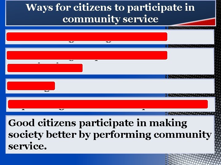 Ways for citizens to participate in community service Volunteering for organizations Volunteering for public